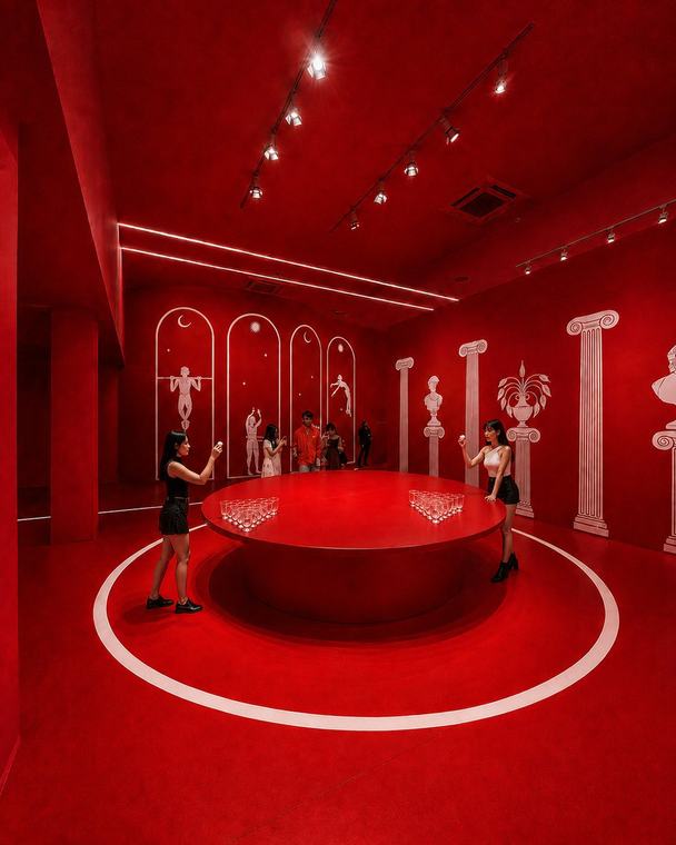 Red room, table at the centre