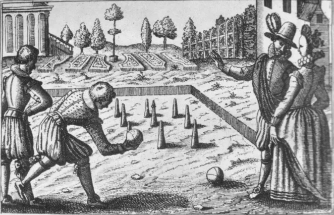 Engraving of skittles being played in a garden