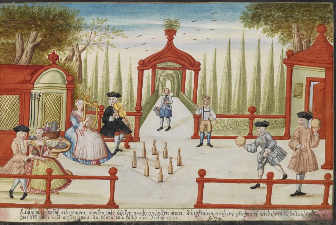 Illustration of courtiers playing skittles in a garden